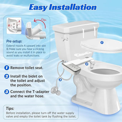 Bidet Attachment for Toilet,0.23 In Ultra Thin, Dual Nozzles,Cold Water | Self-Cleaning Nozzles,Adjustable Water Pressure,One Click Detach,Rotate Button Control,Fits Most Toilets,White,Square
