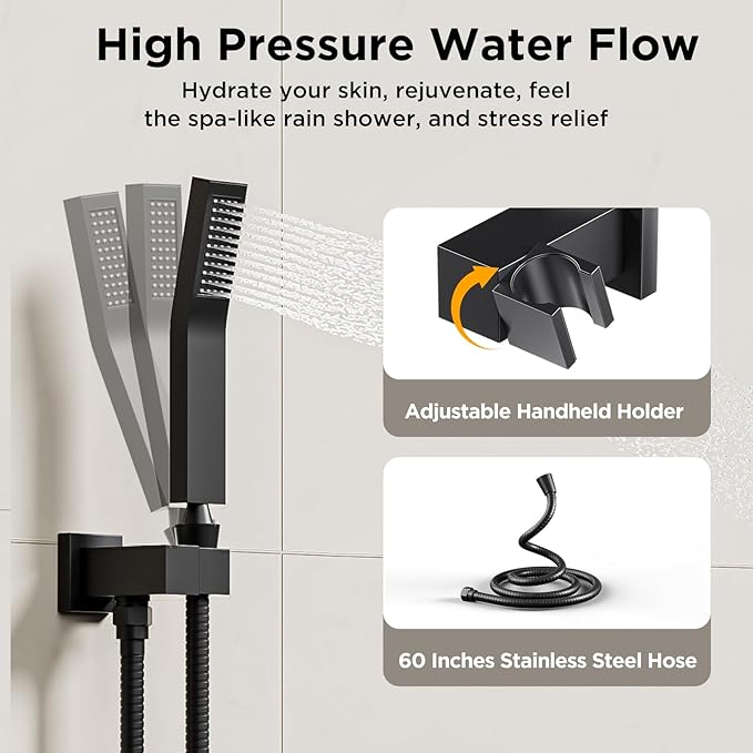 Shower Systems with Body Jets, STARBATH 4 Way 12+6" Rainfall Shower Head with Handheld Spray Combo, Ceiling Mounted Shower Jets System in Wall Shower Faucet Sets Complete, Matte Black