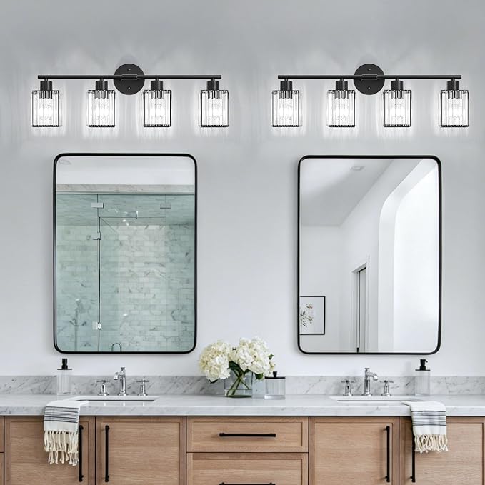 4 Light Bathroom Light Fixtures, Modern Crystal Vanity Lights over Mirror | Metal Frame, Bathroom Light with Square Crystal Shade, ETL Certified, E26 Ceramic Socket, Bulbs Not Included