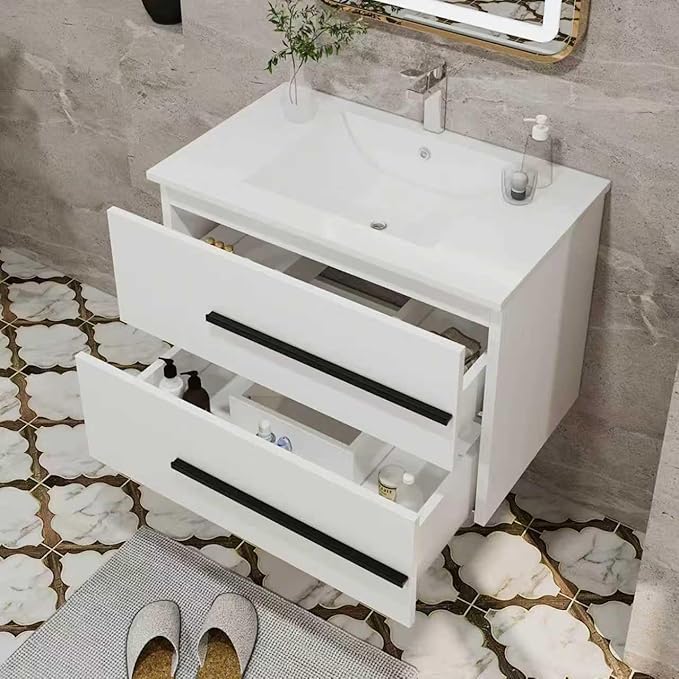 30 Inch Bathroom Vanity, Modern Wall Mounted Floating Bathroom Vanity, Bathroom Vanities Sink Cabinet with Storage Drawers & Metal Handles (White Without Ceramic Sink 30")