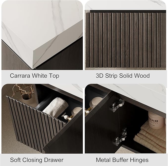 48" Floating Bathroom Vanity with Sink, Plywood Storage Vanities with Drawer and 2 Doors, Carrara White Sintered Stone Top and 3 Pre-drilled Faucet Holes Ceramic Basin, Pre-Assembled Cabinet, Espresso