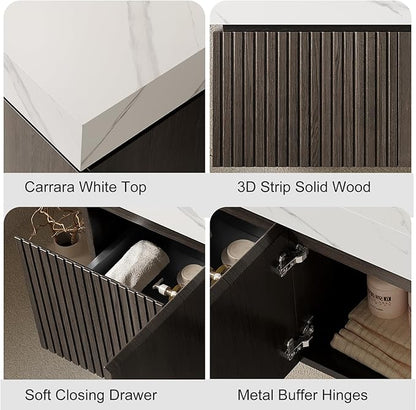 48" Floating Bathroom Vanity with Sink, Plywood Storage Vanities with Drawer and 2 Doors, Carrara White Sintered Stone Top and 3 Pre-drilled Faucet Holes Ceramic Basin, Pre-Assembled Cabinet, Espresso