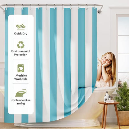 AmazerBath Blue Vertical Stripes Shower Curtain, Cute Blue Stripe Bathroom Shower Curtain with 12 Shower Curtain Hooks, Rustic Fabric Blue and White, 72x72 Inches
