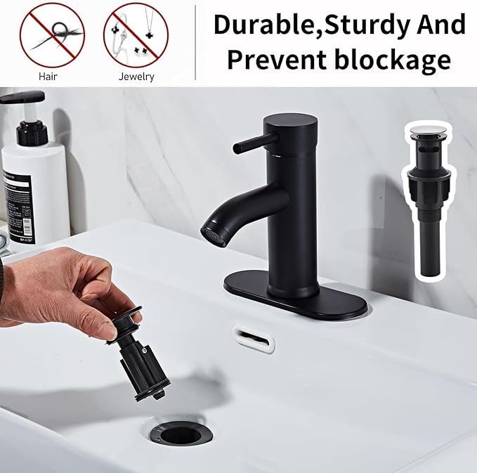 Black Bathroom Sink Faucet Single Hole Single Handle Bathroom Faucet Modern RV Faucet Commercial Washbasin Faucet Countertop Installation with Deck, Pop-up Drain and Supply Hoses