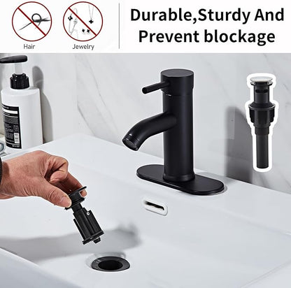 Black Bathroom Sink Faucet Single Hole Single Handle Bathroom Faucet Modern RV Faucet Commercial Washbasin Faucet Countertop Installation with Deck, Pop-up Drain and Supply Hoses