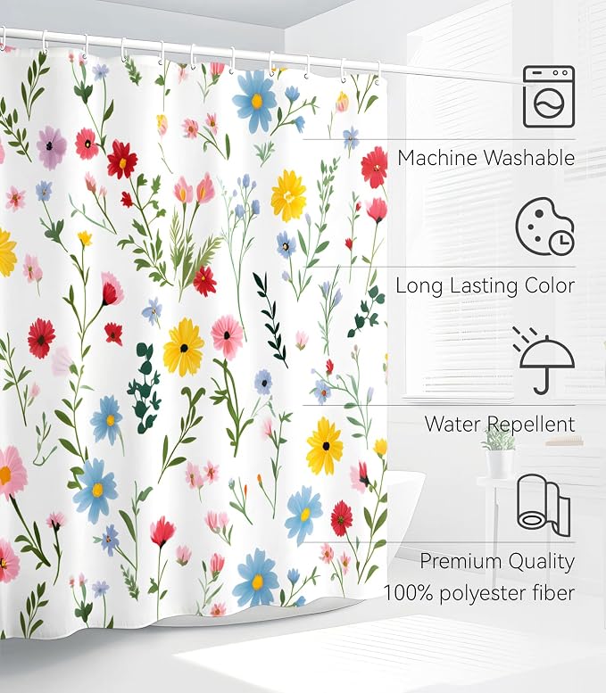 Shower Curtain for Bathroom Stall Boho Modern Cute Aesthetic Decorative Girly Waterproof Unique White Floral Girls Chic Print Design Teen Pretty Women Cortinas de Baño Bathtub 72 x72 Inch