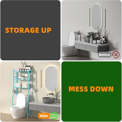 3-Tier Over Toilet Storage with Anti-Tilt Safety System - 150lb Total Capacity Metal Bathroom Shelves Including Paper Holder & 4 Hooks, Space Saving Above Commode Organizer (64" H, Blue)