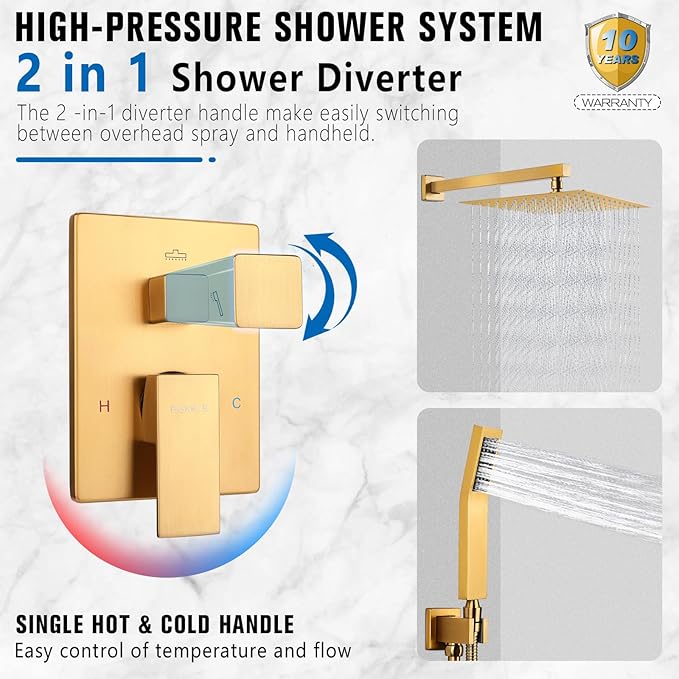 Rainfall Shower System - Wall Mounted Complete Combo with Solid Brass Pressure Balancing Valve, High Pressure Shower Head, Handle Set & Installation Accessories Brushed Gold 10"+Handheld Spray