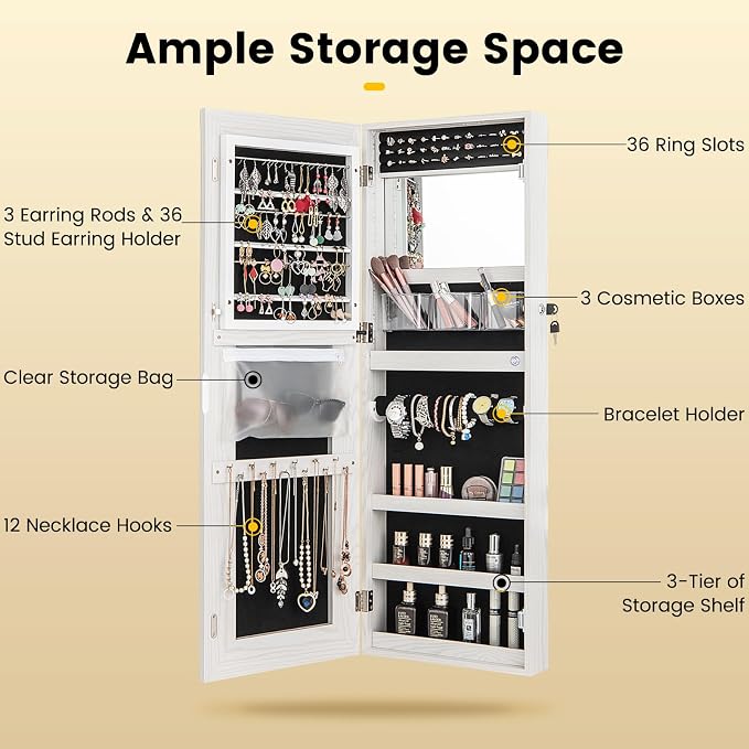 CHARMAID LED Mirror Jewelry Cabinet, Lockable Jewelry Armoire with Adjustable Lighted Full Length Mirror, 3 Lighting Sets, Wall Mounted Door Hanging Jewelry Storage Organizer (Grayish White, 42.5''H)