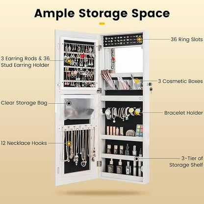 CHARMAID LED Mirror Jewelry Cabinet, Lockable Jewelry Armoire with Adjustable Lighted Full Length Mirror, 3 Lighting Sets, Wall Mounted Door Hanging Jewelry Storage Organizer (Grayish White, 42.5''H)