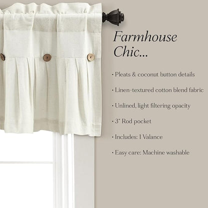 Lush Decor Linen Button Farmhouse Valance Curtians 84"W x 18"L Off White - Linen Valances For Windows - Kitchen Curtains Valances - Bathroom Curtain