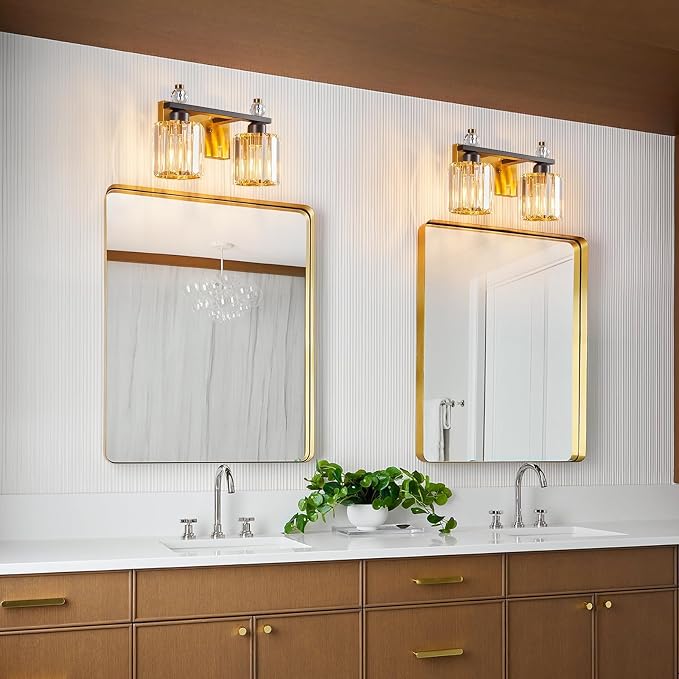 Bathroom Vanity Lights 2-Light Black Gold Modern Crystal Vanity Light Fixtures Over Mirror Crystal Bathroom Vanity Lighting Fixtures