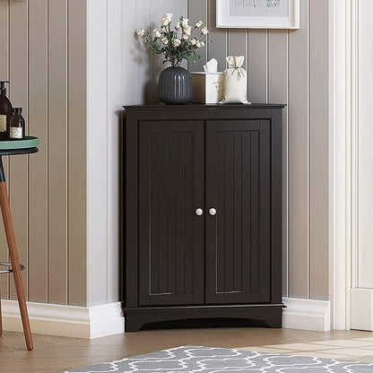 Spirich Floor Corner Cabinet with Two Doors and Shelves, Free-Standing Corner Storage Cabinets for Bathroom, Kitchen, Living Room, Espresso | Space-Saving Corner Design, Adjustable Shelf, Enclosed Storage, Beadboard Doors, Silver Knobs, FSC-Certified E...