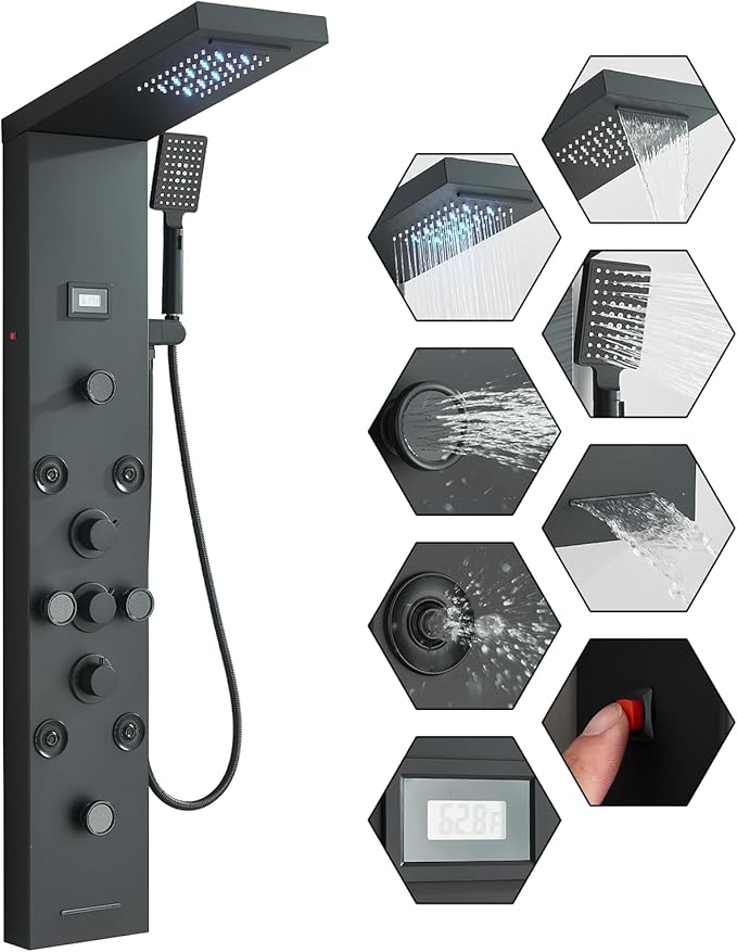 FUZ Shower Panel Tower System, Stainless Steel 6 IN 1 Shower Panel System with LED Fancy Rain Shower Head and Handheld, Adujstable Rainfall Massage Body Jets and Tub Spout, Matte Black Shower Tower