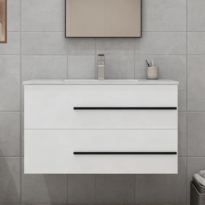 36 inch Floating Bathroom Vanity with Sink, Space Saving Fluted Design for Small Bathrooms, Soft Closing Drawers & Black Handles White
