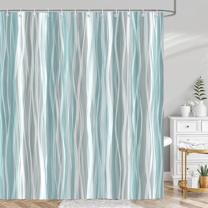 Moonslim Teal Grey Ombre Shower Curtain, Modern Wavy Abstract Striped Line Bathroom Curtain, Waterproof Fabric Bath Decor, 72 x 78 Inch