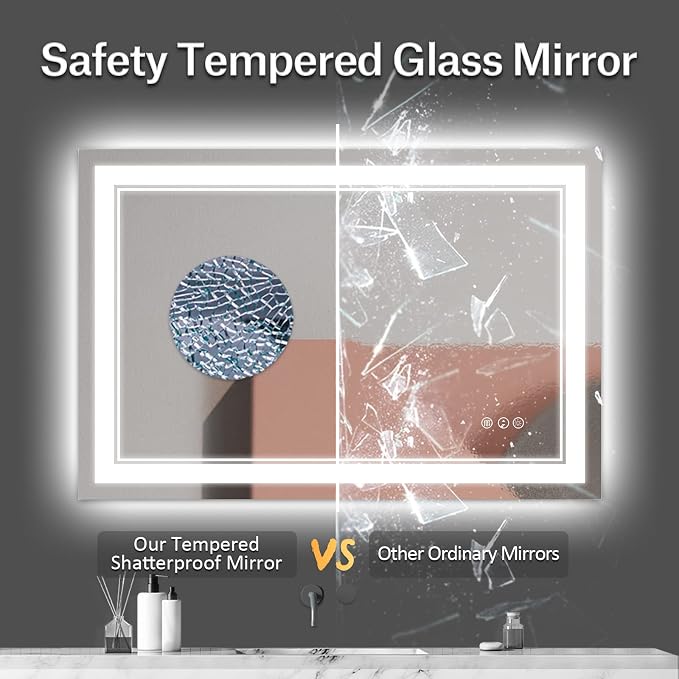 48x32 Inch LED Bathroom Mirror with Lights | Front and Backlit, 3 Colors, Dimmable, Memory, Anti Fog, Shatterproof, Horizontal/Vertical, Lighted Mirrors for Bathroom Wall