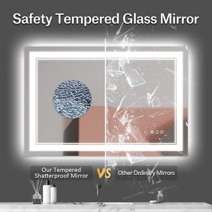 48x32 Inch LED Bathroom Mirror with Lights | Front and Backlit, 3 Colors, Dimmable, Memory, Anti Fog, Shatterproof, Horizontal/Vertical, Lighted Mirrors for Bathroom Wall