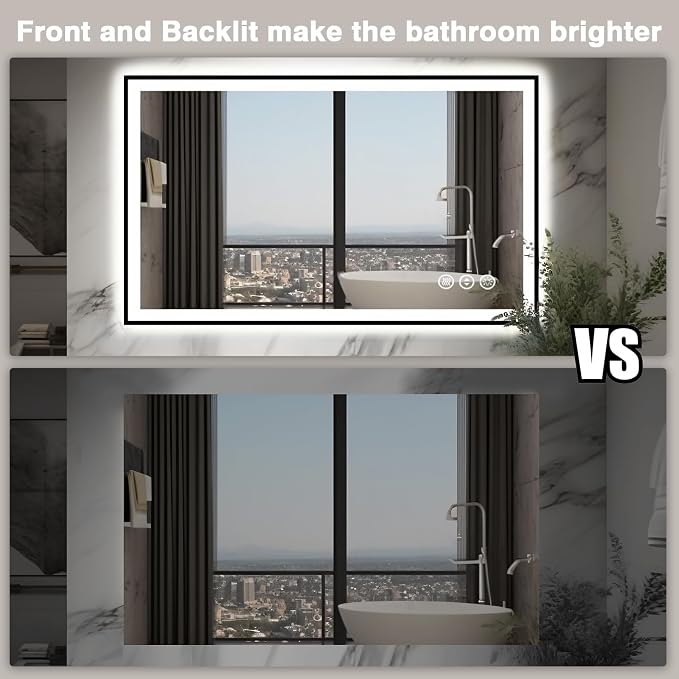 EchosLife 48x30 LED Bathroom Mirror - Black Aluminum Framed | Black Frame, Front and Backlit, Anti-Fog, Stepless Dimmable, 3 Colors, Memory, Tempered Glass, UL Listed, Horizontal/Vertical