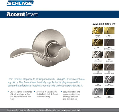 Schlage F10 V ACC 619 Accent Door Lever Hall & Closet Passage Lock, (Pack of 1), Satin Nickel