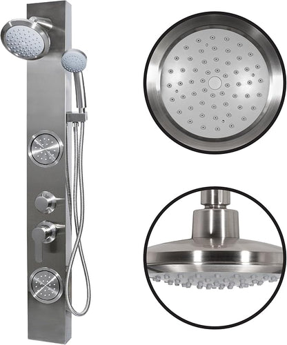 Dura Faucet (DF-SA914-SN) Premium RV Shower Panel Column – Satin Nickel, 4 Spray Options with Adjustable Body Sprayers, Overhead Shower & Handheld Wand – Water-Saving, Easy Install RV Shower System