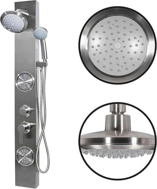 Dura Faucet (DF-SA914-SN) Premium RV Shower Panel Column – Satin Nickel, 4 Spray Options with Adjustable Body Sprayers, Overhead Shower & Handheld Wand – Water-Saving, Easy Install RV Shower System
