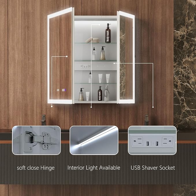 36 in. W Smart Lighted Medicine Cabinet with Mirror for Bathroom, Recessed/Surface Mount Medicine Cabinet with Anti-Fog, 1800W Charging Station, USB Ports, 3 Color Lights