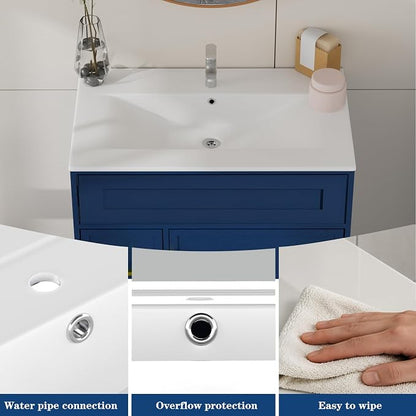 Blue Bathroom Vanity with Sink 30inch | 1doors and 2 Drawers | Wood Storage Basin Cabinet with Ceramic Basin for Home and Office