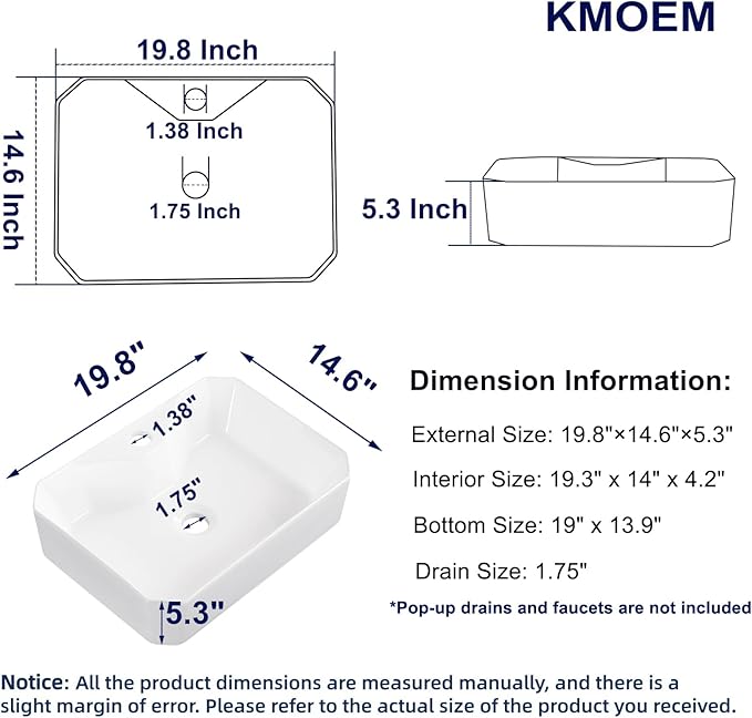 Vessel Sink 20"x15" Rectangular Bathroom Sink Modern White Porcelain Ceramic Above Counter Drop-in Vanity Sink for Bathrooms Art Basin with Faucet Hole
