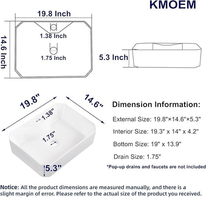Vessel Sink 20"x15" Rectangular Bathroom Sink Modern White Porcelain Ceramic Above Counter Drop-in Vanity Sink for Bathrooms Art Basin with Faucet Hole