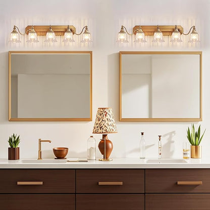 Gold Vintage Bathroom Light Fixtures, 5-Lights Bathroom Vanity Light, Antique Brushed Gold Lighting Fixtures Over Mirror with Crystal Glass Shade, Wall Sconce Lighting