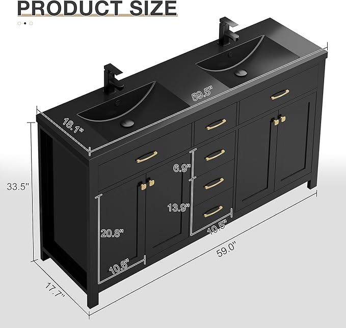 LUCKWIND 60" Bathroom Vanity and Sink Combo, Painted Modern Bathroom Storage Cabinet with Double Black Sink, Four Doors and Three Drawers, Include Faucet, Without Mirror, Black