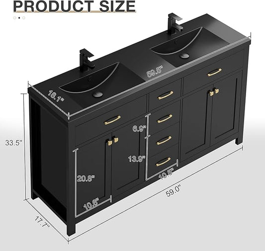 LUCKWIND 60" Bathroom Vanity and Sink Combo, Painted Modern Bathroom Storage Cabinet with Double Black Sink, Four Doors and Three Drawers, Include Faucet, Without Mirror, Black