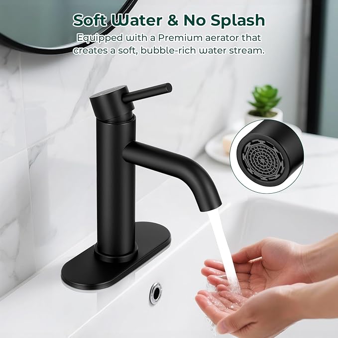 Matte Black Bathroom Faucets, Modern Bathroom Sink Faucet Single Handle Bathroom Faucet for 1 or 3 Hole, Mixer Tap Vanity Faucet with Deck Plate, Pop-up Drain and Supply Hoses