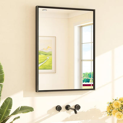 Black Mirror for Bathroom Sink 24" x 32" Matte Black Beveled Metal Frame Bathroom Vanity Rectangle Mirror for Wall, Modern Farmhouse, Tempered Glass, Shatterproof, Stronger Frame