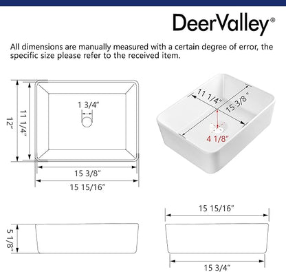 DeerValley Liberty 16x12 Inch Rectangular Vessel Sink, White Ceramic Above Counter Bathroom Basin, DV-1V0048