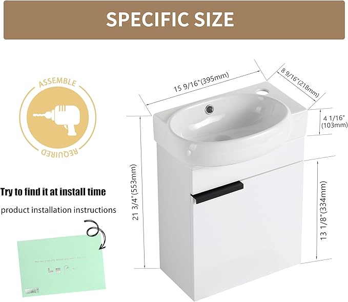 16 Inch Floating Vanity with Sink, 16'' Wall Mounted Bathroom Cabinet for Small Bathrooms, Ceramic Basin & Soft-Closed Door, White Modern Vanity Set