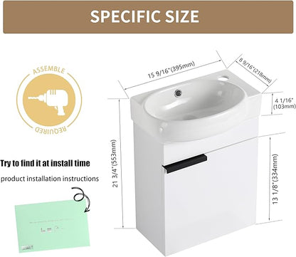16 Inch Floating Vanity with Sink, 16'' Wall Mounted Bathroom Cabinet for Small Bathrooms, Ceramic Basin & Soft-Closed Door, White Modern Vanity Set