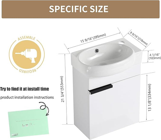 16 Inch Floating Vanity with Sink, 16'' Wall Mounted Bathroom Cabinet for Small Bathrooms, Ceramic Basin & Soft-Closed Door, White Modern Vanity Set