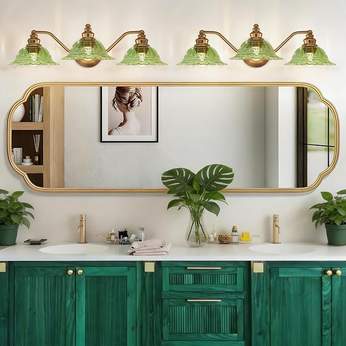 Redluck Vintage Bathroom Vanity Light Fixture, 3-Light Bathroom Lighting Fixtures Over Mirror, Antique Brass Finish with Green Crystal Glass Shade, Wall Sconces Lighting for Bedroom, Living Room