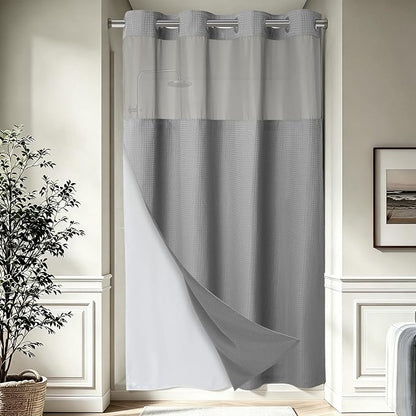 EUTXL Heavyweight No Hook Shower Curtain with Liner, Grey, 54x74 | Snap in Liner, Thick Waffle Fabric, Hotel Quality, Corner Magnets, Waterproof & Washable