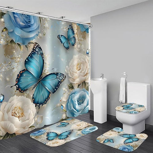 Chrainy 4pcs Rose Butterflies Shower Cutain Set Bathroom Decor with Rugs | Floral Bath Accessories with Waterproof Curtain, Bath Mat, Toilet Lid Cover, U-Shaped Rug and 12 Hooks for Washroom, 71*71in