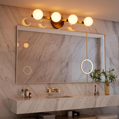 Lightdot 4 Light Bathroom Vanity Light, 26" Modern Black Vanity Lights with Globe Water/Shatterproof PC Lampshade, Rust-Proof Bathroom Light Fixtures Over Mirror for Kitchen Hallway Cabinet Porch