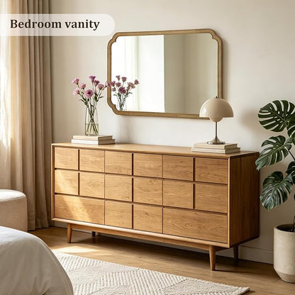 30" x 48" Wood Bathroom Mirror for Wall Mounted, Rustic Rounded Corner Vanity Mirror for Entryway, Living Room or Bedroom Home Decorative [30" x 48" Natural Color]