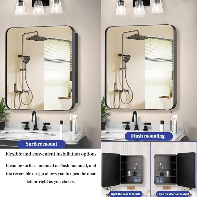 Bathroom Medicine Cabinet,28"x28" Square Mirror Door with Stainless Steel Frame,Recessed & Surface Wall Cabinet with Glass Shelves, Rust-Resistant Bathroom Storage Cabinet
