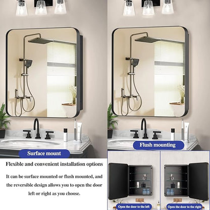 Bathroom Medicine Cabinet,20"x20" Square Mirror Door with Stainless Steel Frame,Recessed & Surface Wall Cabinet with Glass Shelves, Rust-Resistant Bathroom Storage Cabinet