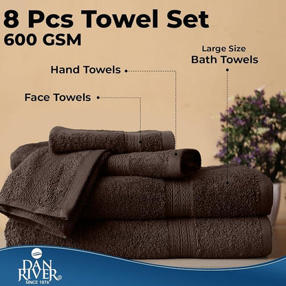 DAN RIVER 8 Piece Luxury Bath Towels for Bathroom, Towel Set, Brown | 2 Bath towels, 2 Hand towels, and 4 Wash Cloths, 600 GSM 100% Ring Spun Cotton, Highly Absorbent, Gym, Hotel, guest, and Spa