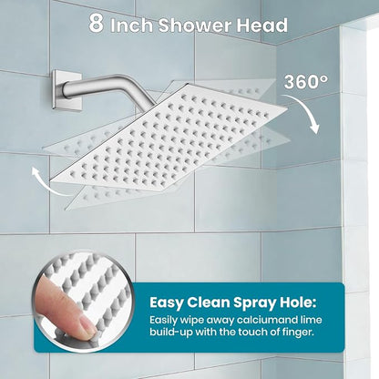 gotonovo Bathtub Shower Faucet Set, 8 Inch Shower Head, Polish Chrome | Wall Mounted Shower System with Tub Spout for Bathroom, Square High Pressure Rain Shower head with Handheld Spray, All Metal