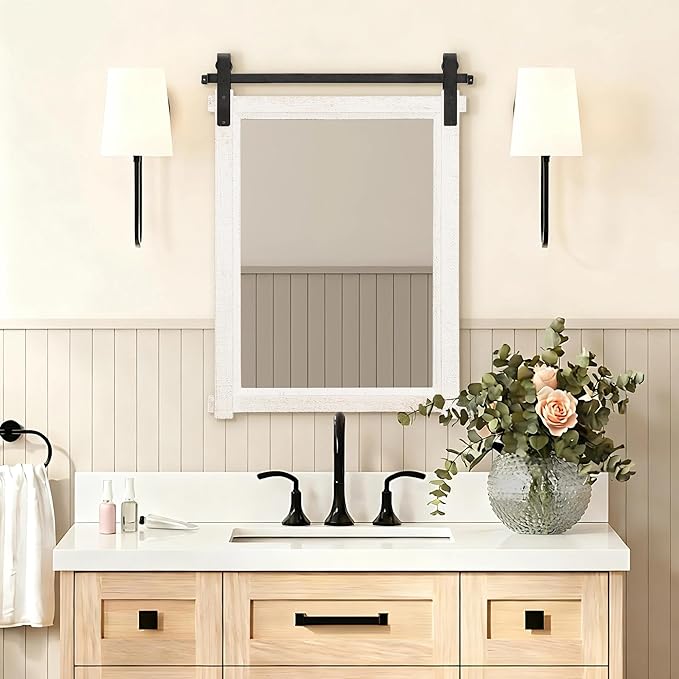 Besdomus Farmhouse Bathroom Wall Mirror: 22"x30" White Barn Door Solid Cedar Wood Frame Vanity Mirror - Rustic Home Decor for Bathroom/Living Room/Hallway - Modern Farmhouse Decor for Housewife