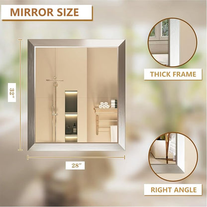 SMIROR 28x32 Brushed Silver Bathroom Vanity Mirror for Over Sink | Metal Wide Frame, Rectangle, Right- Angle Corner, Anti-Rust, Horizontally or Vertically Wall- Mounted for Home Remodel
